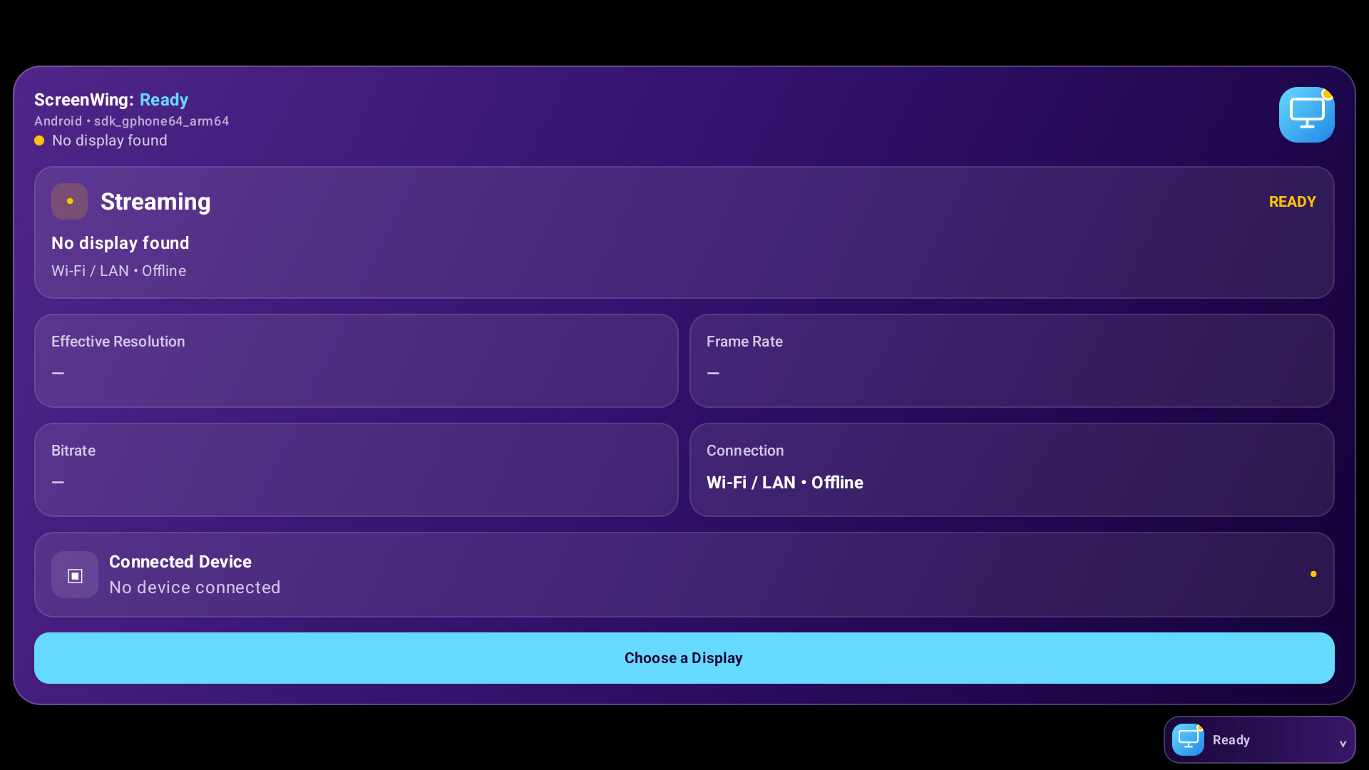 ScreenWing Android stream and connection controls