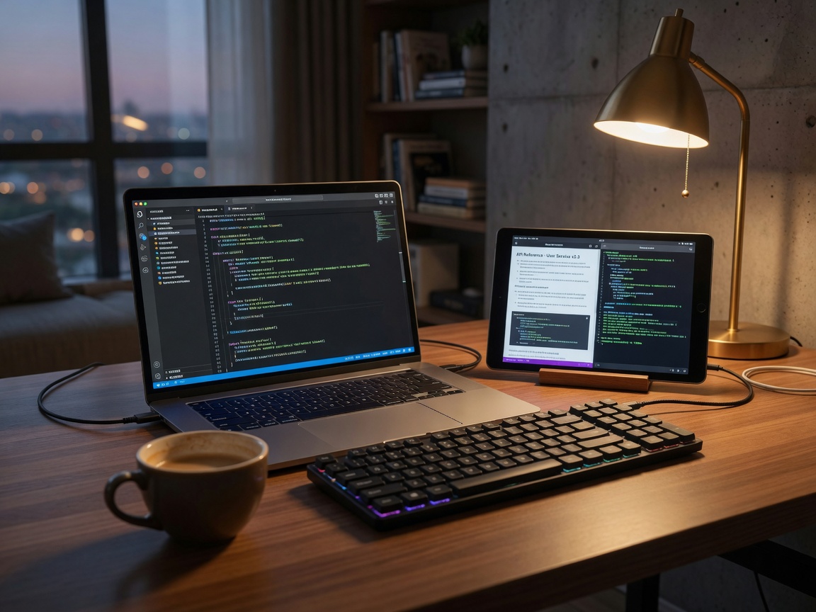 Developer desk with laptop and tablet showing code and documentation