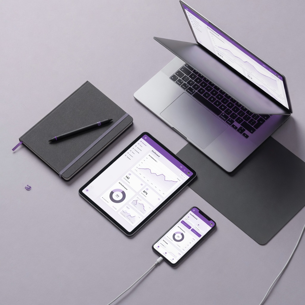 Top-down desk flat lay with laptop, tablet, and notebook