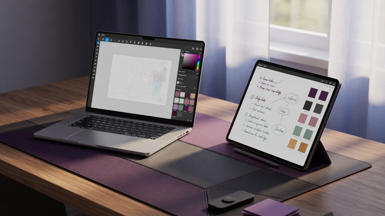 Laptop and tablet on a desk used as a dual-screen creative workspace