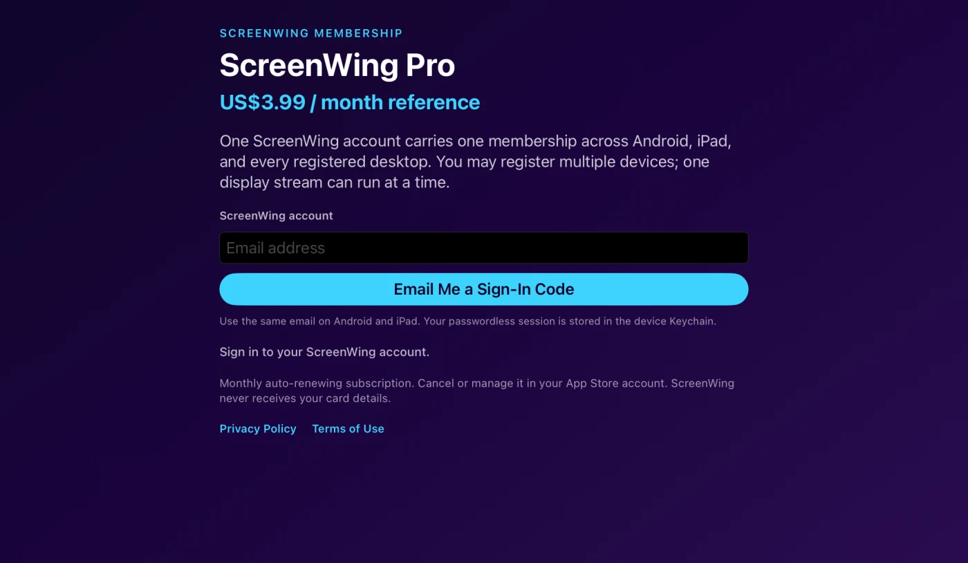 ScreenWing iPad membership screen with passwordless email sign-in and ScreenWing Pro subscription information