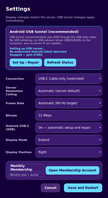 ScreenWing Ubuntu settings with USB-C connection, resolution, frame rate, bitrate, Extend mode, display position and membership controls