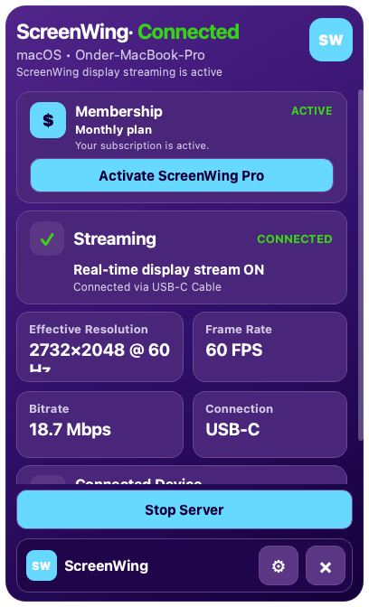 ScreenWing macOS live panel showing active membership, connected streaming, resolution, frame rate, bitrate and USB-C status