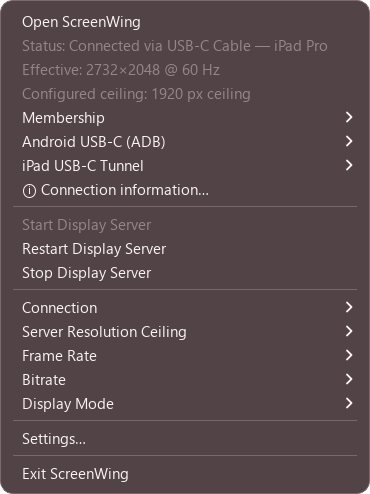 ScreenWing Windows 11 tray menu with Membership, connection, display server, frame rate, bitrate and display mode controls